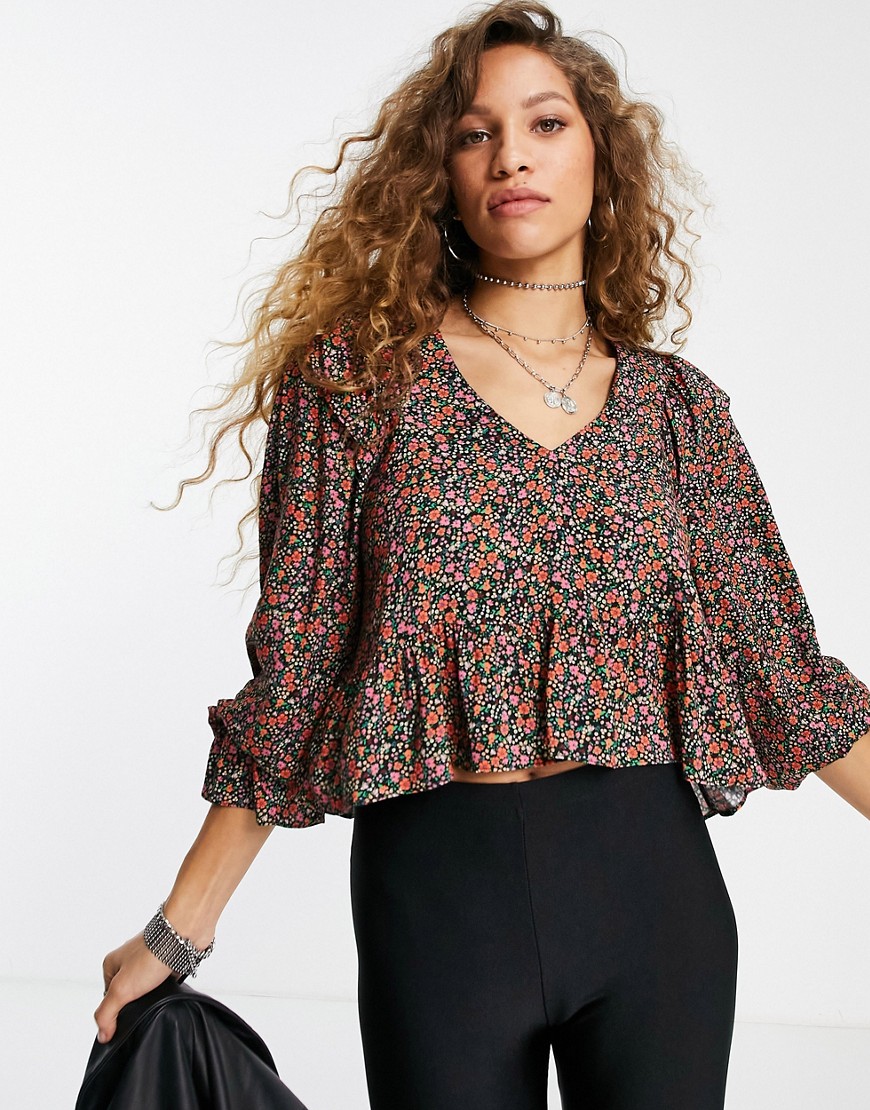 Topshop floral print textured v neck peplum swing top in multi