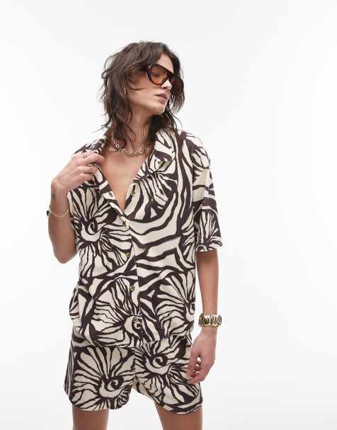 Topshop floral print towelling boxy shirt in brown (part of a set) - view 1