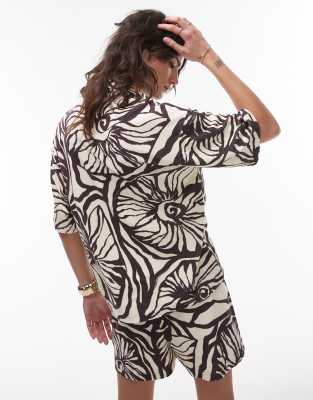 Topshop Floral Print Towelling Boxy Shirt In Brown