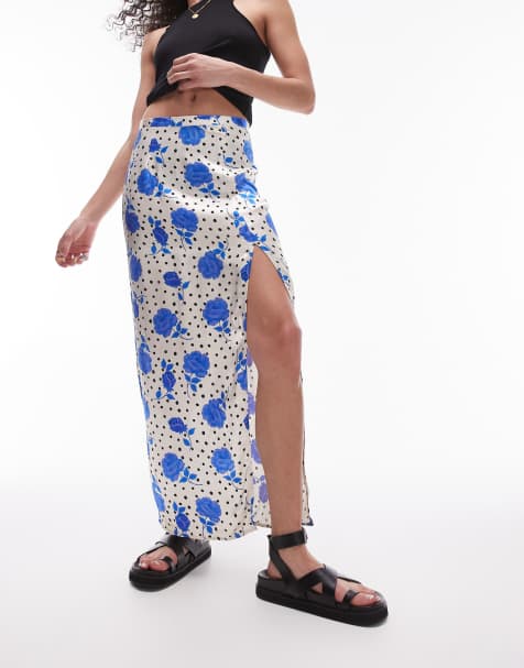 Topshop floral rose bias split midi skirt in blue - view 1