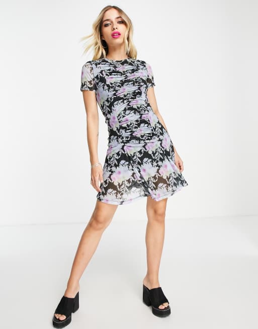 Topshop floral ruched mesh mini dress in multi