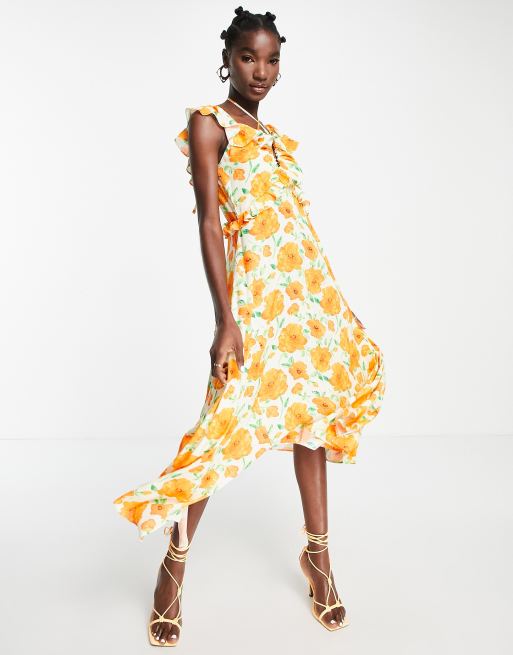 Topshop floral ruffle occasion midi slip dress in orange