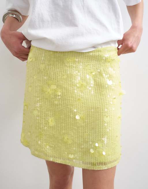 Topshop floral sequin mini skirt with tie sides in yellow, 3 of 5