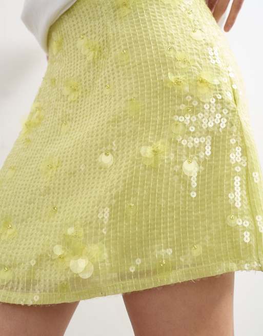 Topshop floral sequin mini skirt with tie sides in yellow, 4 of 5