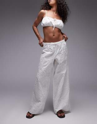 floral stitch straight leg pants in white