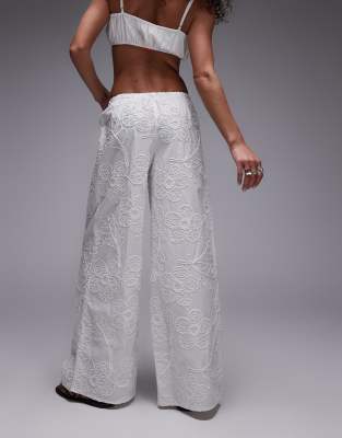 Topshop floral stitch straight leg pants in white