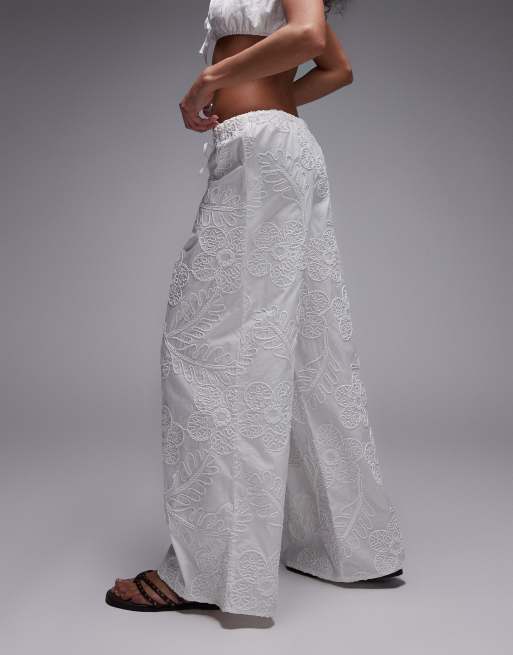 Topshop floral stitch straight leg trouser in white, 4 of 5