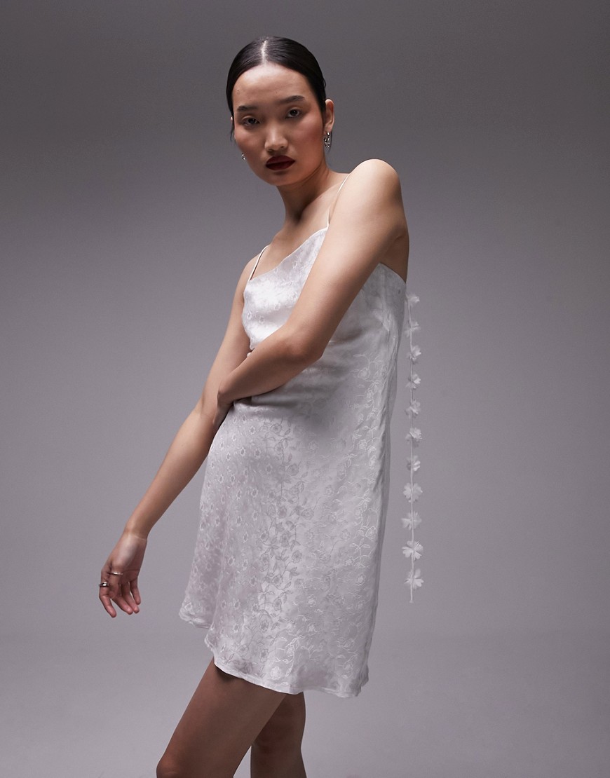 Topshop Floral Strap Jacquard Mini Slip Dress In Ivory-white