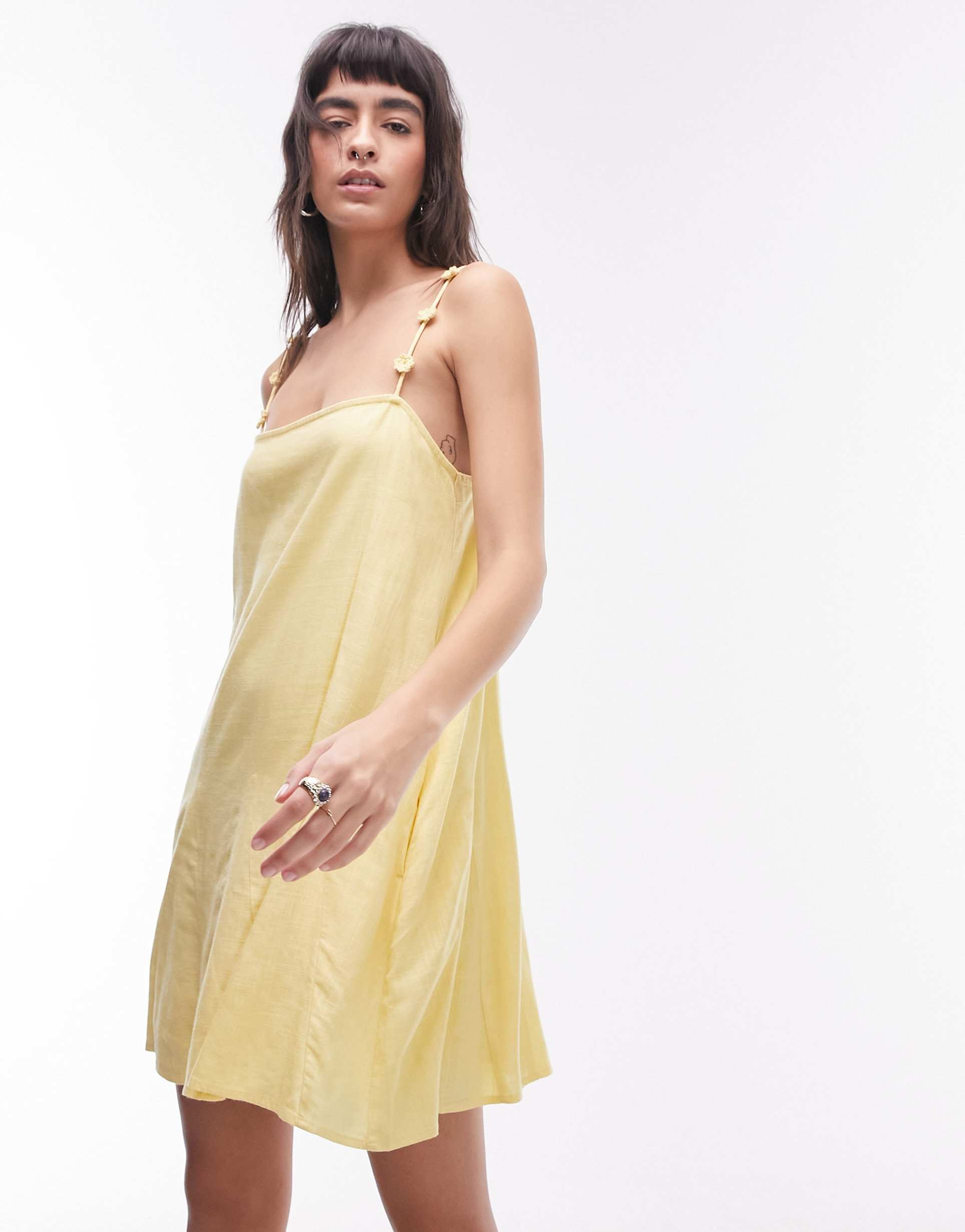 topshop floral strappy linen mix mini dress in yellow