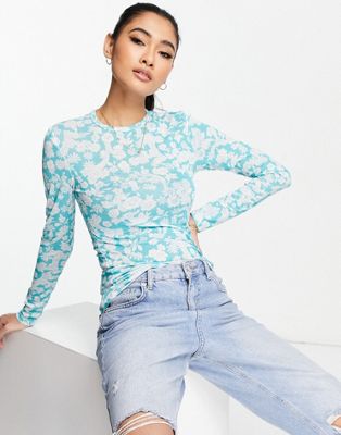 Topshop floral tissue mesh top in mid blue