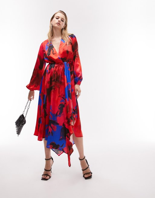 ASOS DESIGN ruffle detail wrap satin maxi dress in large bold floral print