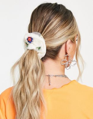 Topshop flower embroidered scrunchie in multi