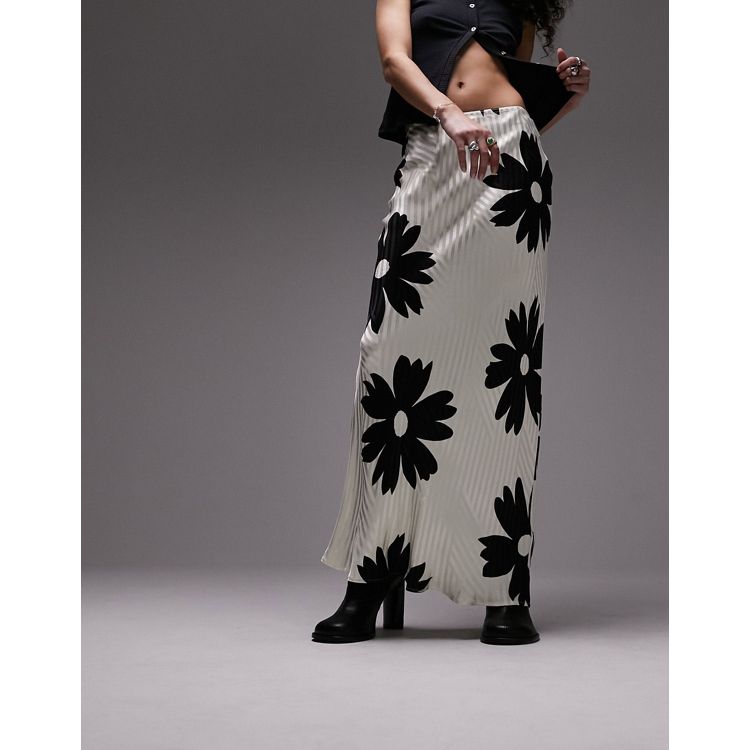 Topshop flower print jacquard maxi skirt in monochrome