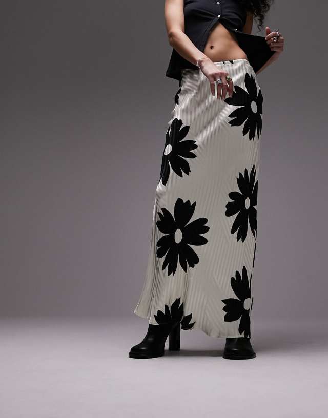 Topshop flower print jacquard maxi skirt in monochrome