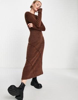 Topshop fluffy aysmmetric midi dress with open back in chocolate