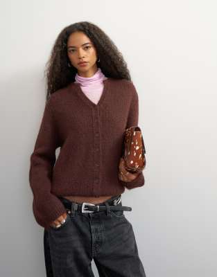 Topshop Fluffy Eyelash Knit Cardigan In Brown