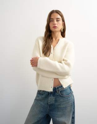 Topshop Fluffy Eyelash Knit Cardigan In White
