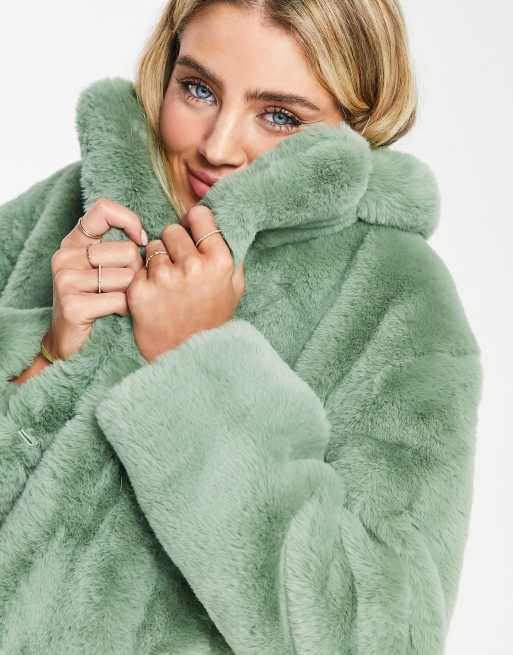 Topshop fluffy faux fur coat in sage