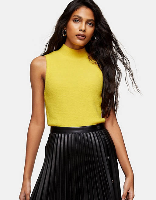 Topshop fluffy funnel neck knitted tank in yellow