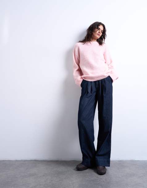 Topshop fluffy knit boxy crew neck sweater in pink - view 1