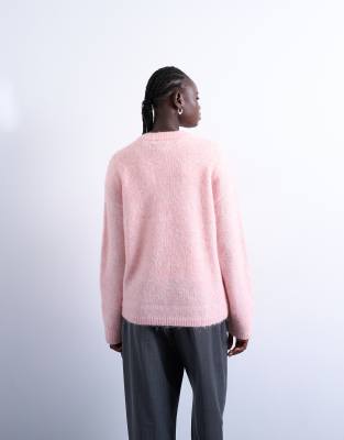 Topshop Fluffy Knit Boxy Crew Neck Sweater In Pink