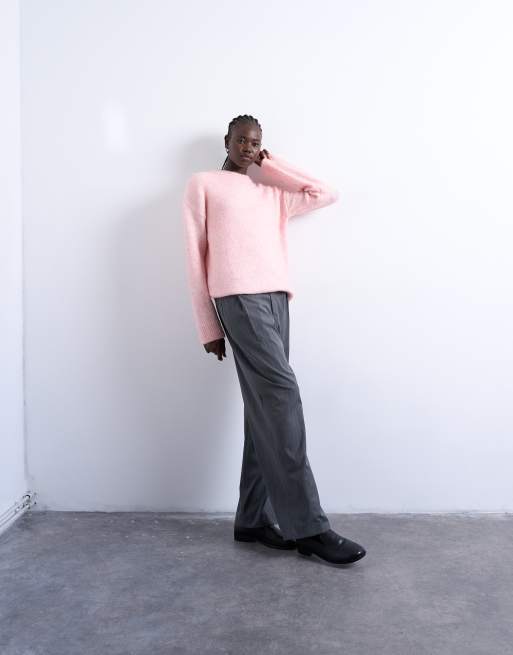 Topshop fluffy knit boxy crew neck sweater in pink