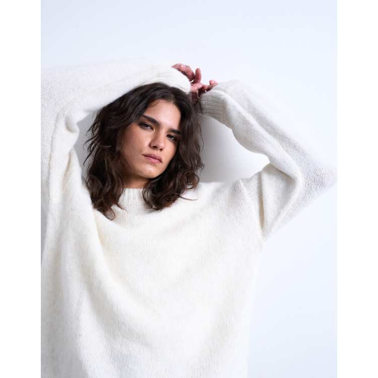 Topshop fluffy knit boxy crew neck sweater in snow | ASOS