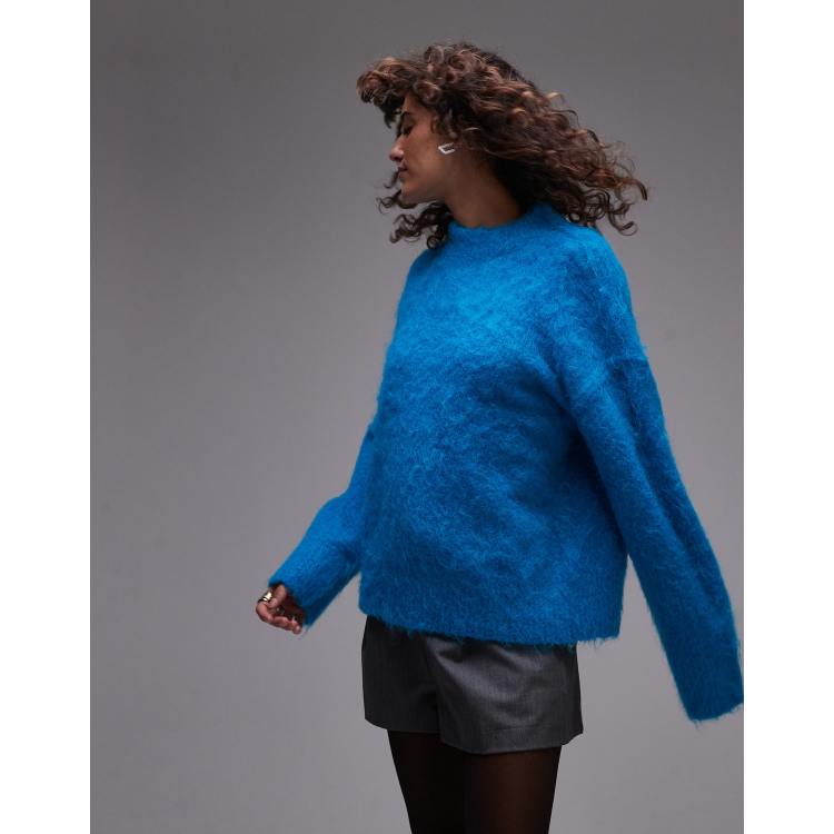 Topshop fluffy knit relaxed sweater in turquoise | ASOS