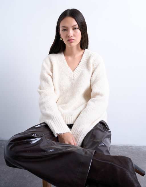 Topshop fluffy knit V-neck sweater in white
