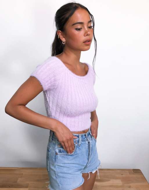 Topshop fluffy knitted crop top in lilac