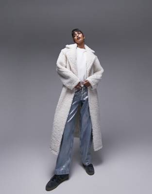 Topshop Fluffy Long line Borg Coat In Off white gray ModeSens