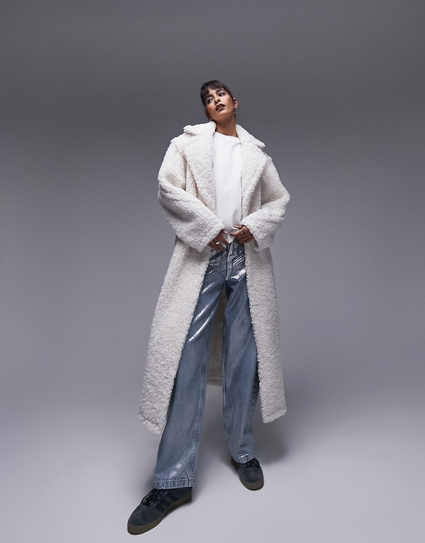 Topshop Fluffy Long-Line Borg Coat In Off-White-Grey