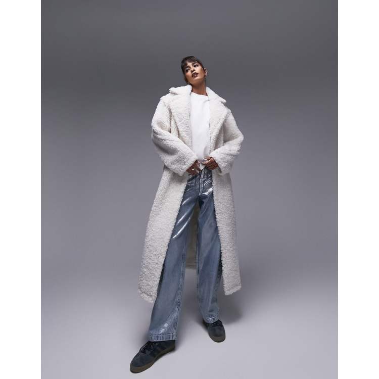 Topshop fluffy long-line borg coat in off-white