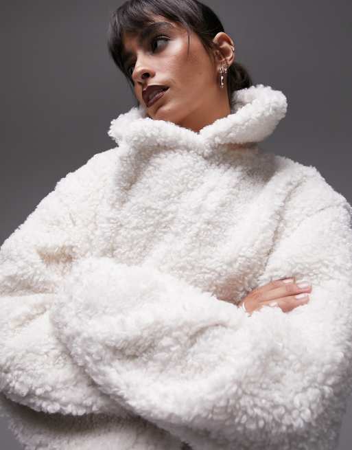 Topshop fluffy long-line borg coat in off-white