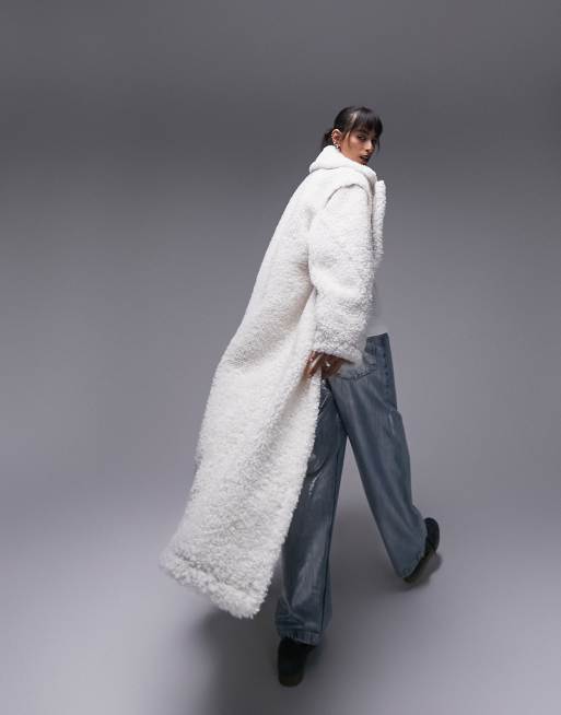 Topshop fluffy long-line borg coat in off-white