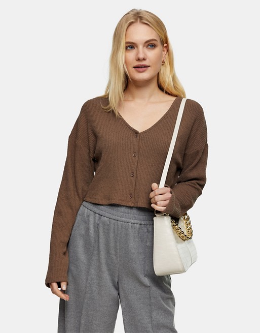 Topshop fluffy ribbed cardigan in chocolate brown