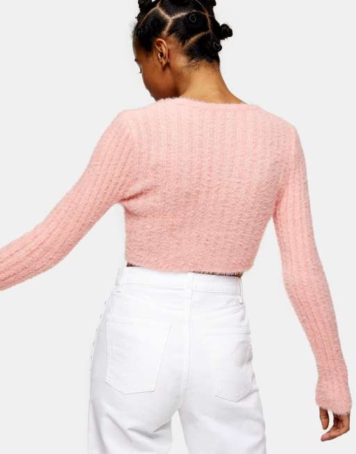 ASOS DESIGN crop sweater in fluffy yarn in pink