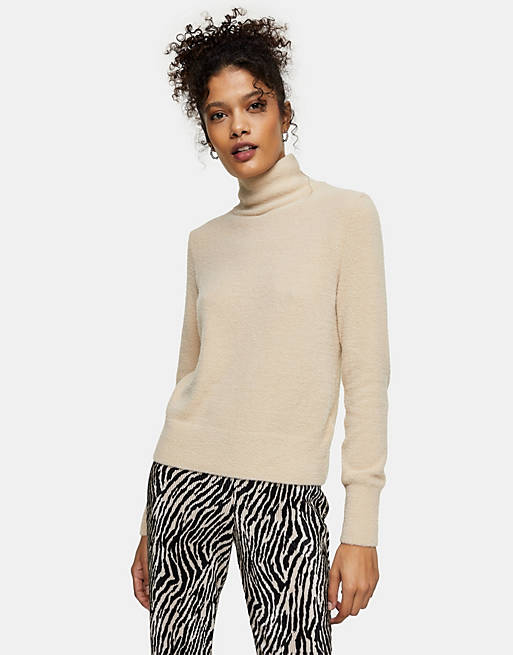 Topshop fluffy roll neck knitted top in beige