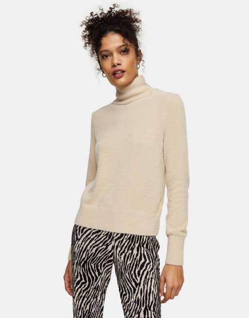 Topshop fluffy roll neck knitted top in beige