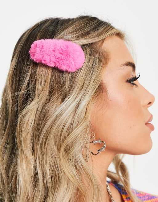 fluffy snap hair clip in pink ASOS