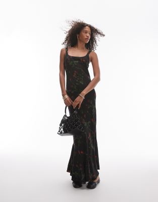 fluted hem slip midi dress in dark floral-Black