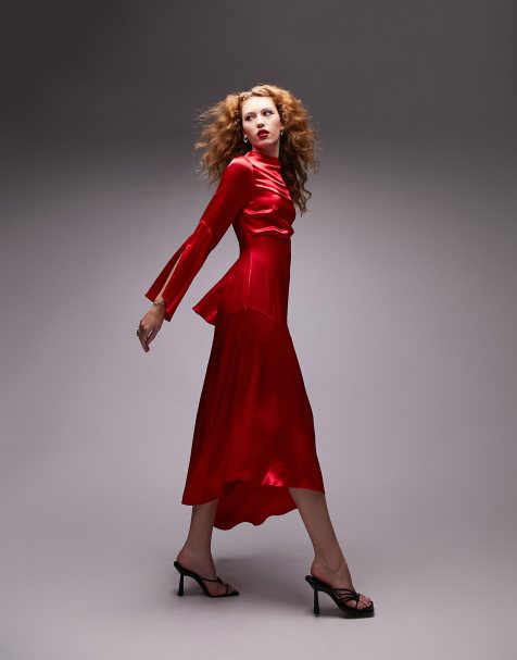 Topshop fluted sleeve occasion midi dress in red - view 1