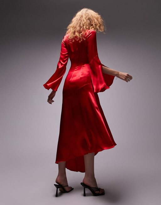 Topshop fluted sleeve occasion midi dress in red ASOS