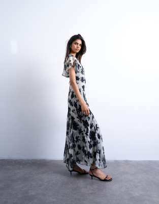 Topshop Flutter Sleeve Godet Hem Midi Dress In Multi
