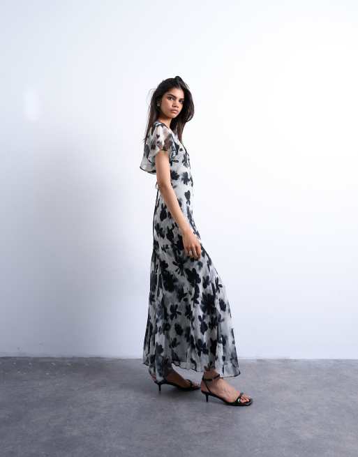 Topshop flutter sleeve godet hem midi dress in black and white print
