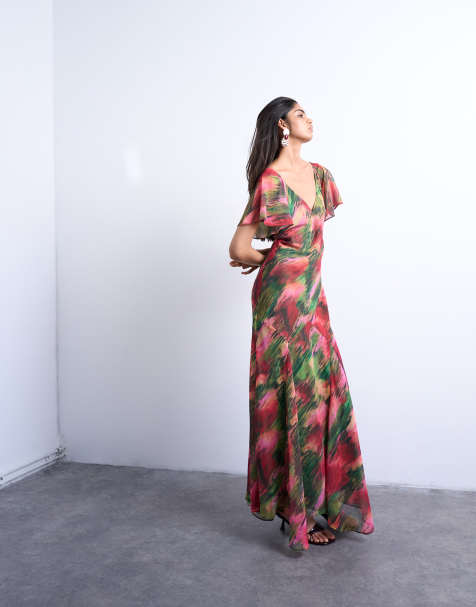 Topshop flutter sleeve godet hem midi dress in blurred floral - view 1