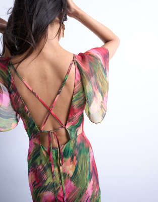 Topshop Flutter Sleeve Godet Hem Midi Dress In Multi
