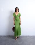 [Topshop] Topshop flutter sleeve godet hem midi dress in green 10 GREEN