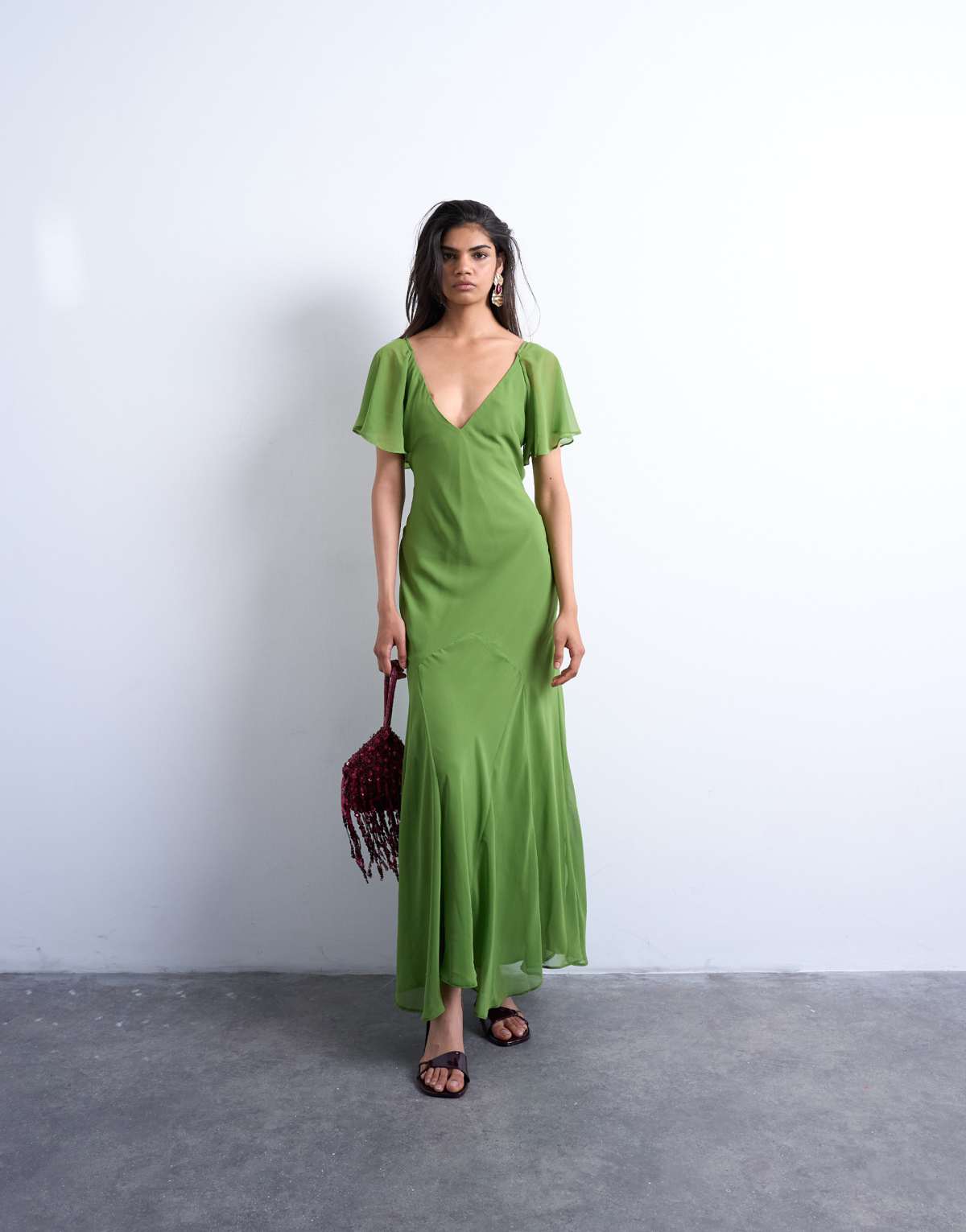 Topshop flutter sleeve godet hem midi dress in green