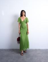 Topshop flutter sleeve godet hem midi dress in green